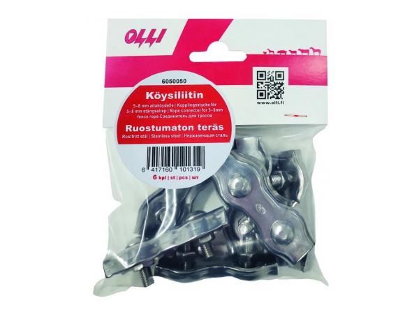 Köysiliitin 5-8 mm aitaköydelle, ruostumaton teräs, 6 kpl Olli sähköpaimen